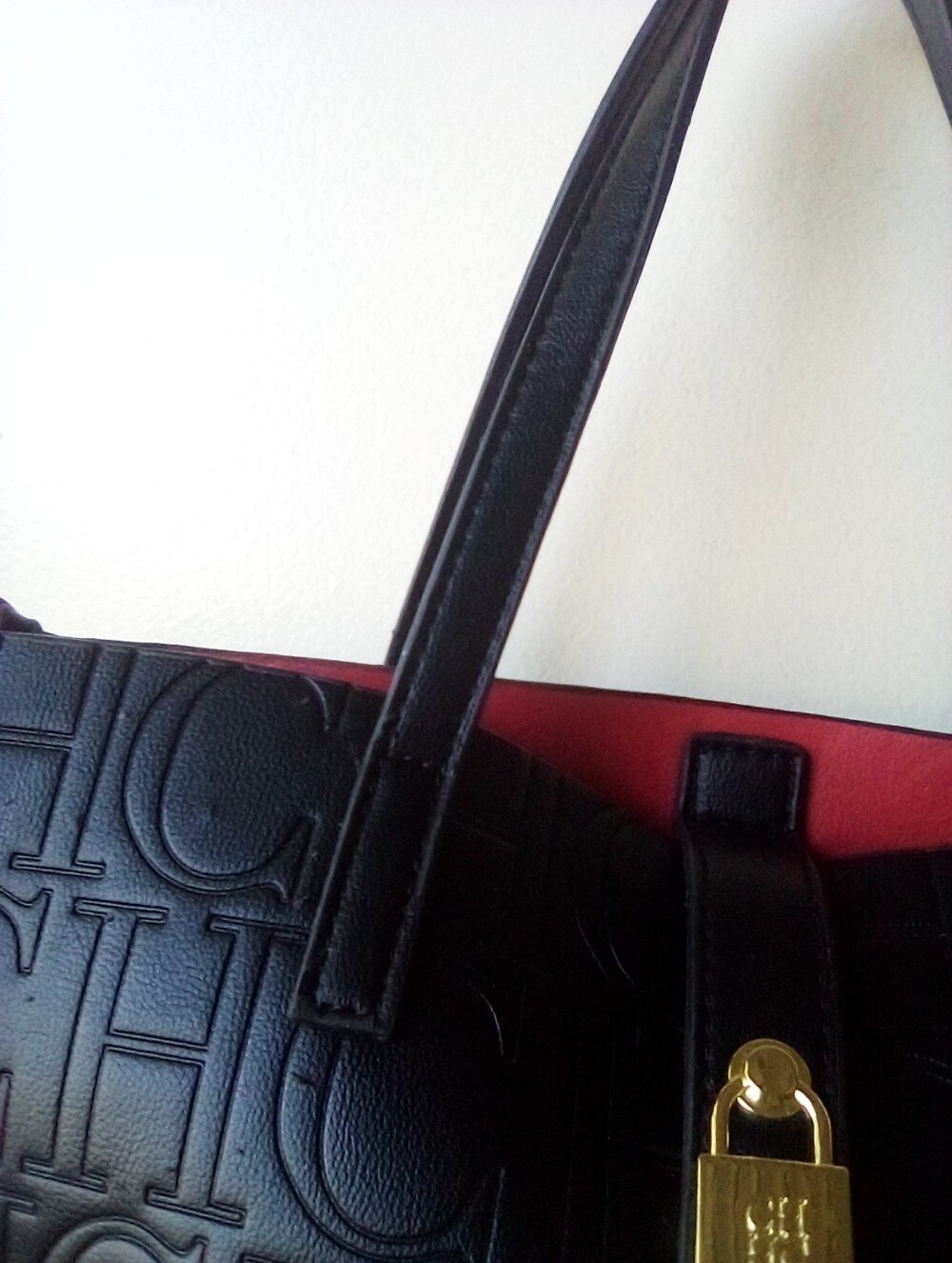 Women’s Embossed CHCH Logo Tote Bag in Black with Red Interior - Picture 8 of 10